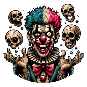 Detailed vector illustration of a sinister clown juggling skulls, combining circus performance with horror elements.