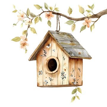 recommend clip art: Watercolor Birdhouse Hanging from a Branch with Flowers