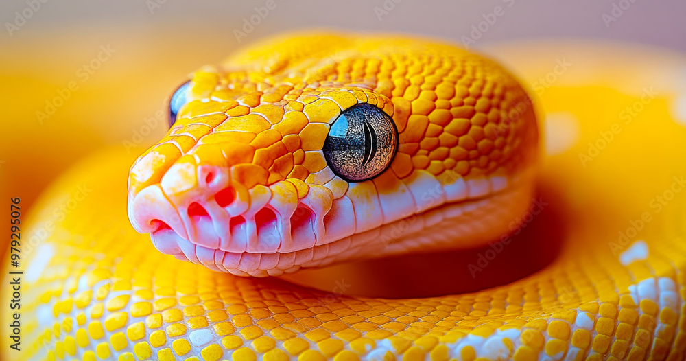 Poster a yellow snake with red markings on its face. the snake is curled up and has its eyes open
