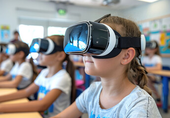 Young girl using a VR headset in a classroom, surrounded by other students engaged in immersive learning experiences.