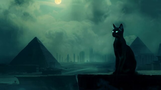 Black cat with mystic background, Bastet goddes from Egypt