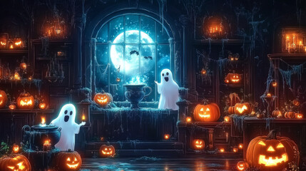 Obraz premium Haunted Halloween Room with Glowing Ghosts, Jack-o-Lanterns, and Full Moon