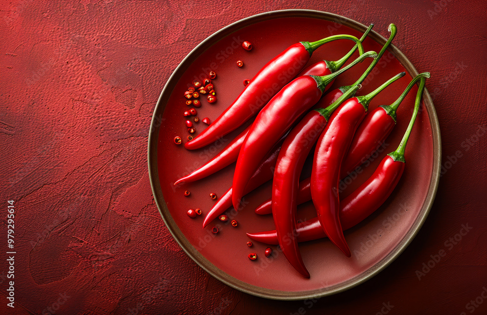 Poster a plate of red peppers with some pepper flakes on top. the peppers are arranged in a row and are all