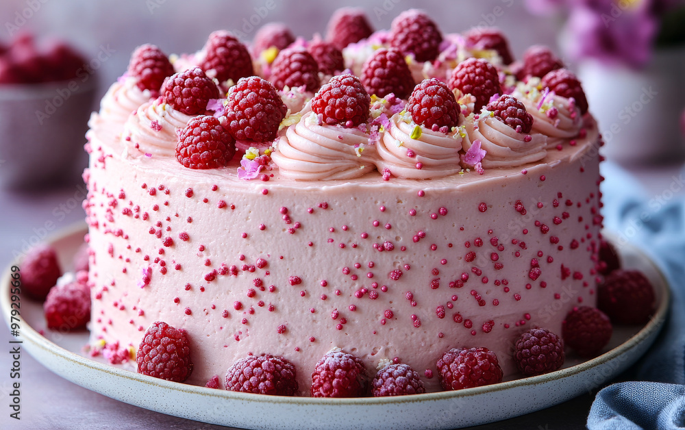 Poster a pink cake with raspberries on top. the cake is decorated with frosting and has a raspberry design