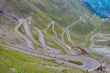Stelvio (Stilfs), South Tyrol, Italy: View of the eastern ramp of the Stelvio Pass from the top