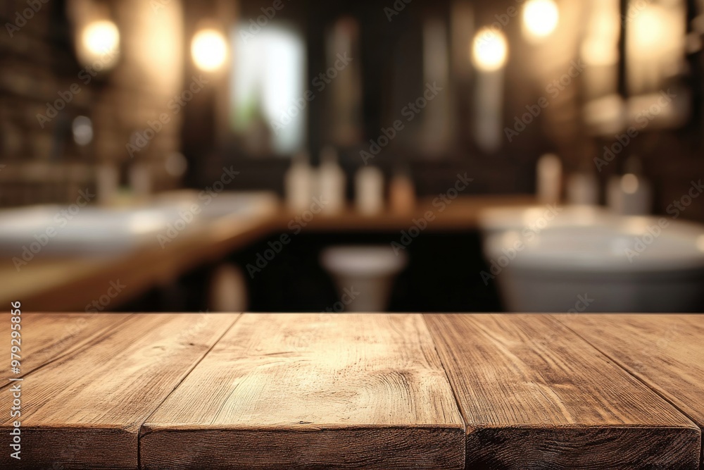 Poster blurred restroom setting with an empty wooden table perfect for showcasing items