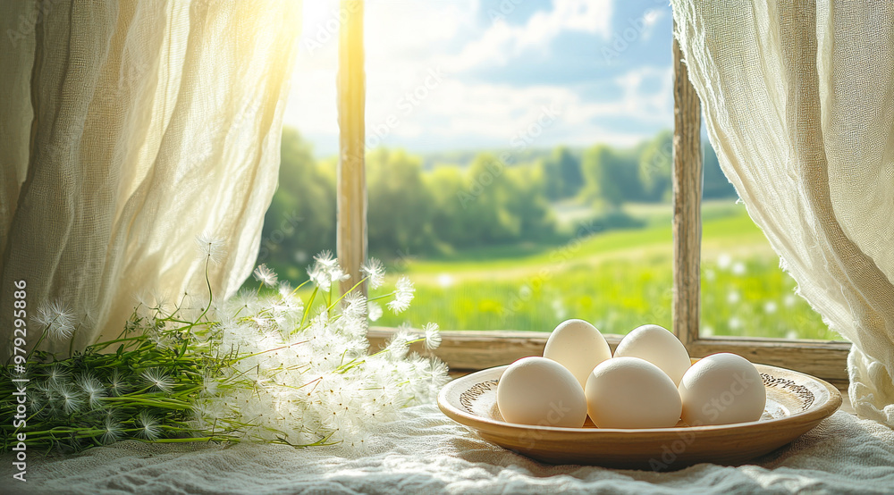 Poster a plate of eggs sits on a table next to a window with a view of a field. the eggs are white and arra