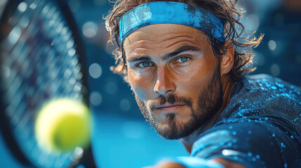 Focused male tennis player in a close-up shot, preparing to hit a tennis ball, with sweat on his face and a serious expression, highlighting intensity, skill, and athletic determination.