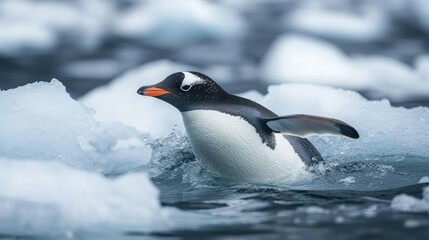 Obraz premium A close-up of a penguin gliding through icy water, surrounded by floating pieces of ice, with the cold Antarctic wind visible on the surface
