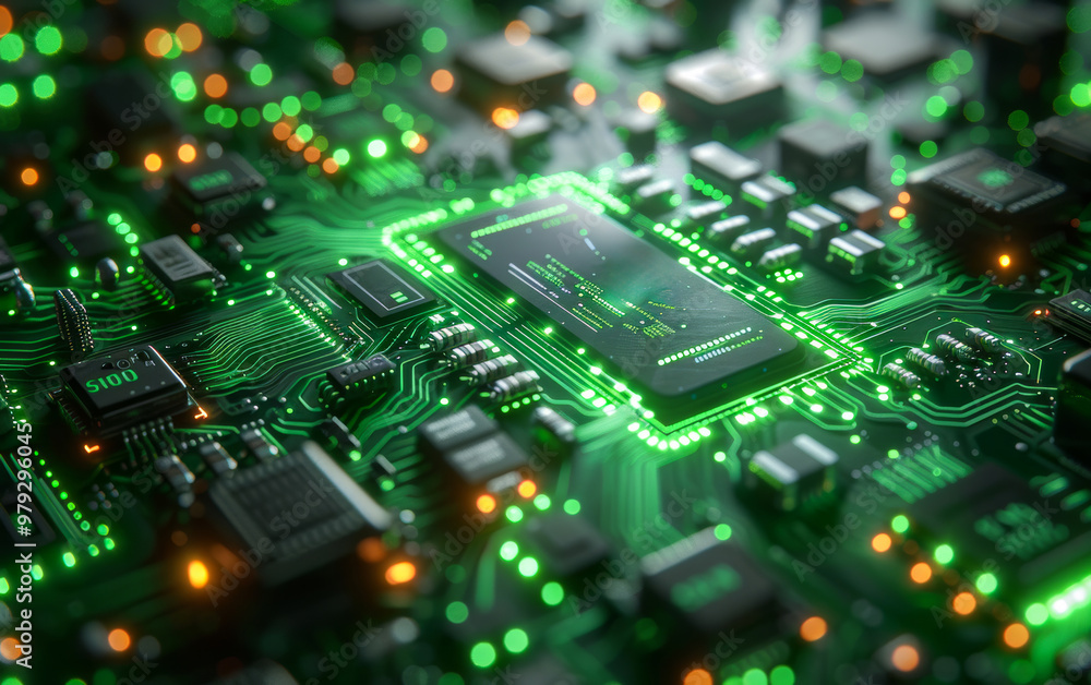 Poster a computer chip is lit up with green and orange lights. the chip is a small part of a larger circuit