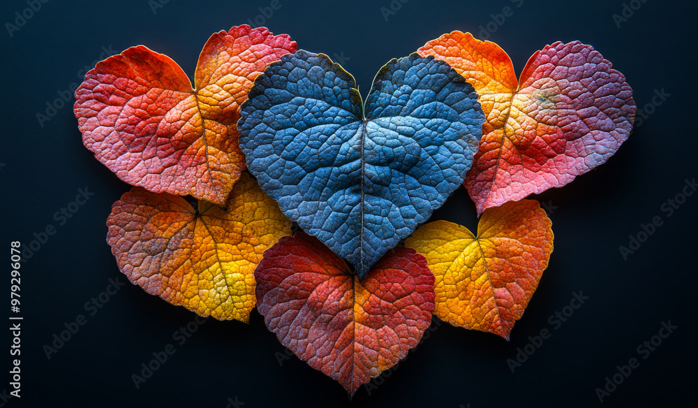 Poster a collection of colorful leaves arranged in the shape of a heart. the leaves are of different colors