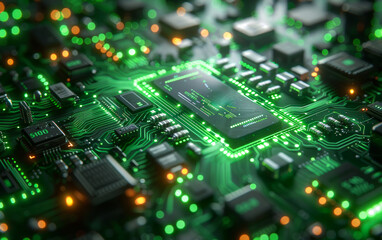 Obraz premium A computer chip is lit up with green and orange lights. The chip is a small part of a larger circuit board