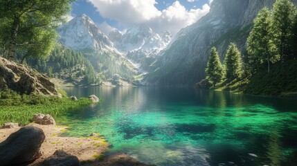 An awe-inspiring scene of a lake with sparkling emerald water, surrounded by vibrant green forests and mountains.