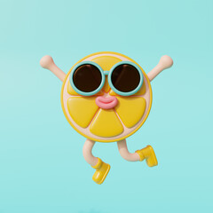 Fototapeta premium 3d Lemon character wearing sunglasses isolated on blue blackground. Summer vacation. 3d rendering.