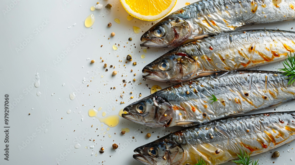 Poster four fish are on a white plate with a lemon wedge and some spices. the fish are arranged in a row an