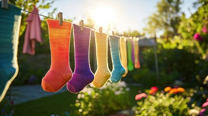 A close-up of colorful socks and towels hanging on a line, with a bright and sunny garden scene in the background.