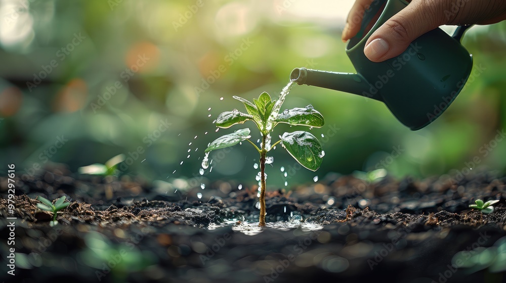Aufkleber a small tree growing from the ground, beside the tree is a hand holding a watering can watering the 