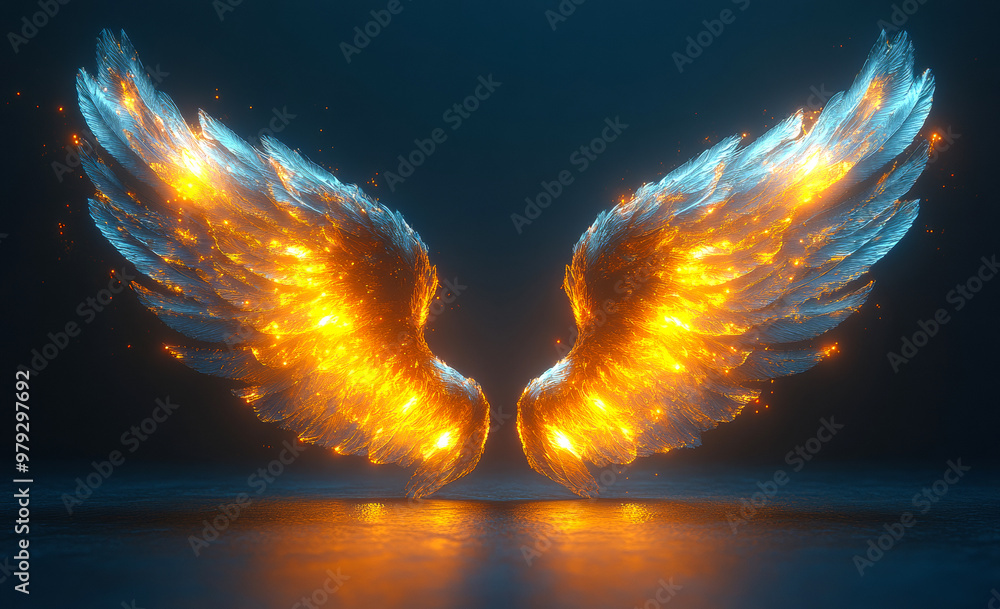Poster the wings of a bird are lit up with fire, creating a dramatic and intense atmosphere. the flames see