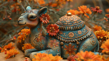 A hand-carved wooden camel figurine with painted details,