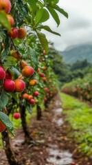 Fototapeta premium Beautiful apple orchard showcasing ripe fruit hanging from trees in a lush landscape under overcast skies.