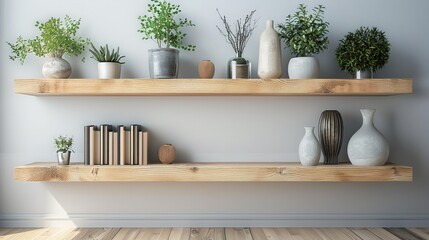 Close shot of a long modern minimal floating selves with light wooden color on a white wall with plants, books, vase all in minimalistic concept. Generative AI.
