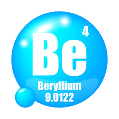 Beryllium element symbol. Atomic number four. Blue glossy icon. Chemical element representation.