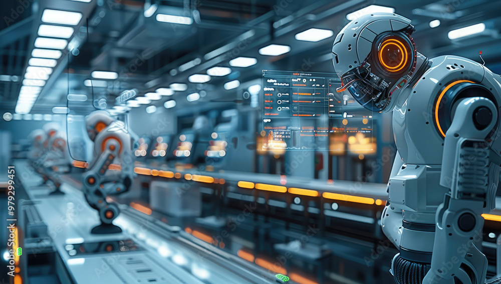 Poster A modern factory hall with robotic arms and digital screens, displaying product data on holographic displays, surrounded by advanced machinery and computers in the background. industrial atmosphere.