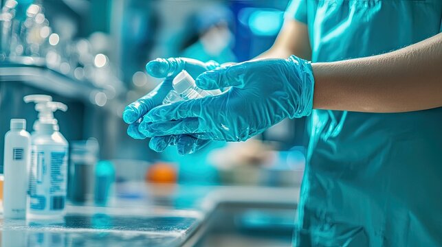A close-up of hands sanitizing with gel, promoting hygiene and health safety in a medical or hospital environment