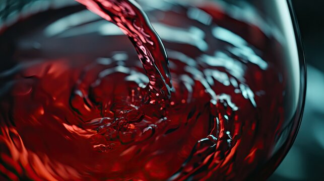 A close-up of red wine being poured into a glass, with the liquid swirling and splashing inside the glass.