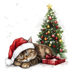 Obraz premium Cute Cat Sleeping Under Christmas Tree with Gift