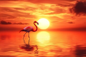 Fototapeta premium Pink Flamingo Sunset Water Reflection