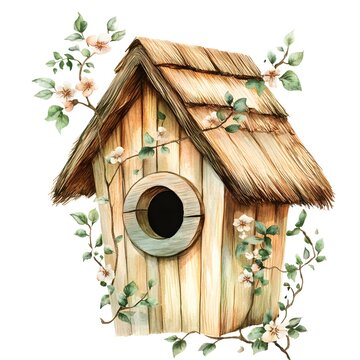 recommend clip art: Watercolor Birdhouse with Flowers and Leaves