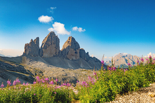 Auronzo di Cadore, Veneto, Italia - September 3, 2024: The "Tre Cime di Lavaredo" (Three Peaks of Lavaredo) in the Sexten Dolomites