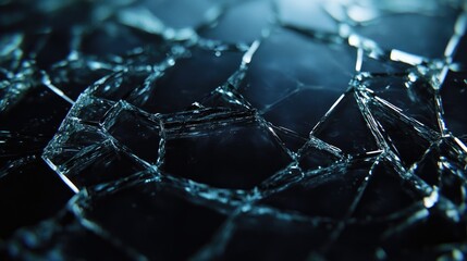 Cracked and shattered glass pieces, illuminated against a dark background, emphasizing fragility and destruction.