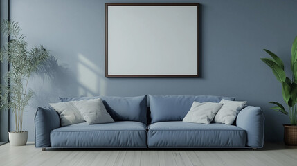 Fototapeta premium Empty photo frame behind a blue sofa in the living room - ai generative