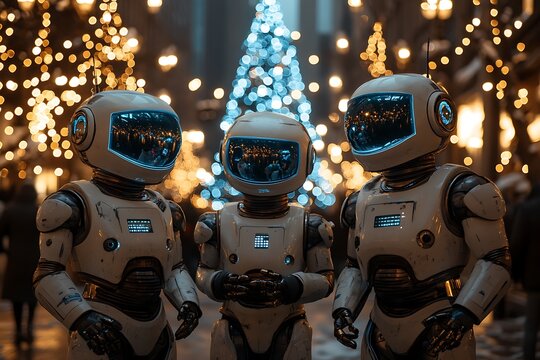 Three futuristic robots celebrating Christmas in a city at night.