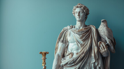 Obraz premium A majestic statue of Jupiter, king of the gods, holding a golden thunderbolt with an eagle perched beside him,