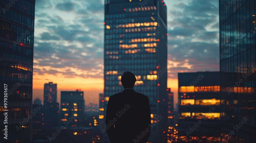 Poster skyscraper from outside at dusk time, silhouette man in office window. generative ai.