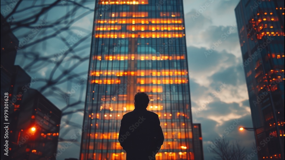 Poster skyscraper from outside at dusk time, silhouette man in office window. generative ai.