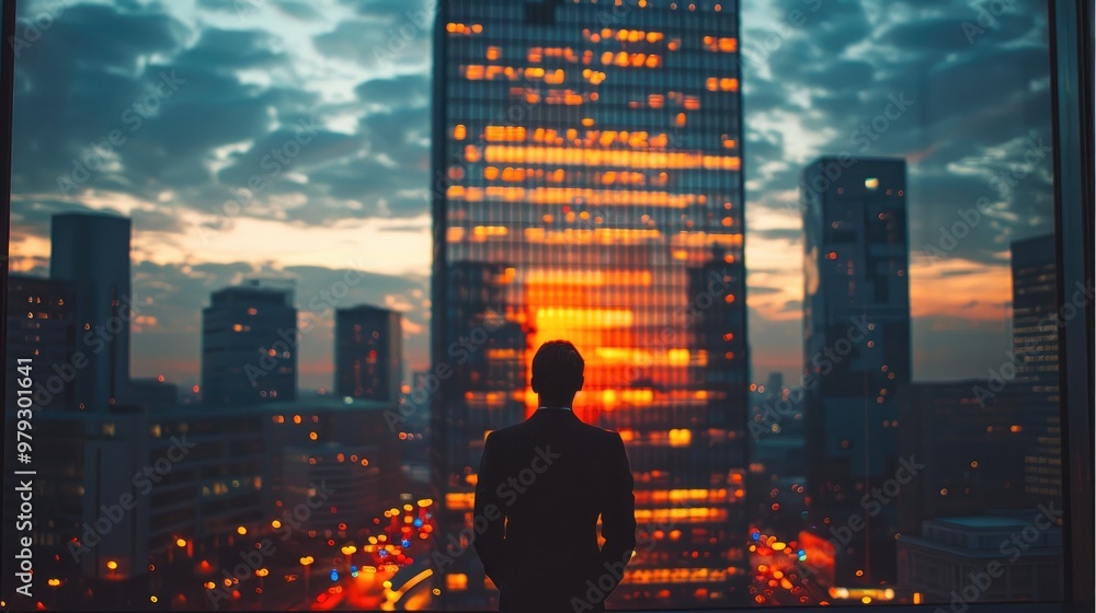 Poster skyscraper from outside at dusk time, silhouette man in office window. generative ai.
