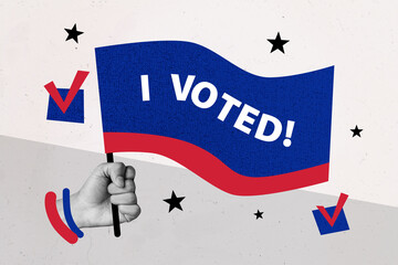 Composite photo collage of hand hold election flagpole i voted agitation checkmark decision...
