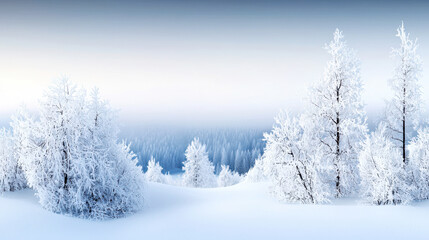 Fototapeta premium Winter Wonderland Panorama with Snow Covered Trees and Frosty Landscape