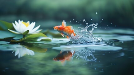 Obraz premium A fish breaking through the surface of a calm pond with a splash, surrounded by lily pads and reflected in the still water