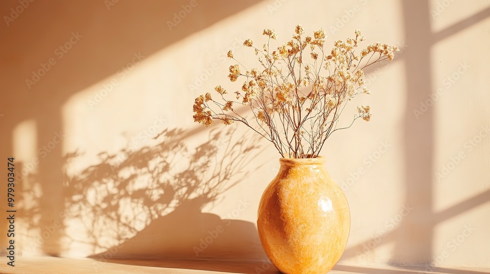 Poster warm sunlight casting shadows on vase with dried flowers