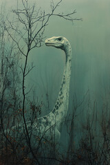 A gentle Brontosaurus with a long neck, reaching out for an invisible branch,