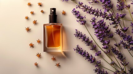 A perfume bottle surrounded by lavender and small orange flowers on a light background. Concept of...