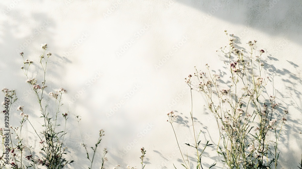 Sticker Shades of flowers and delicate grass against a white wall. Abstract nature background with a neutral tone. Text space available.