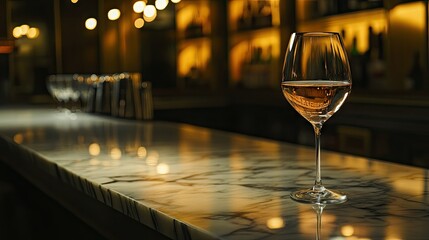 A glass of wine on a marble bar counter, with reflections of overhead lights twinkling in the surface of the liquid.