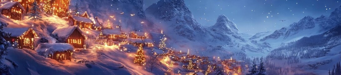 A magical winter scene with Santa flying above a snowy village, illuminated by warm lights under a starry night sky.