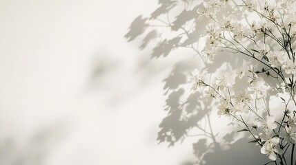 Flower shadows on white wall Neutral natural background with space for text Blurred overlay effect for design 